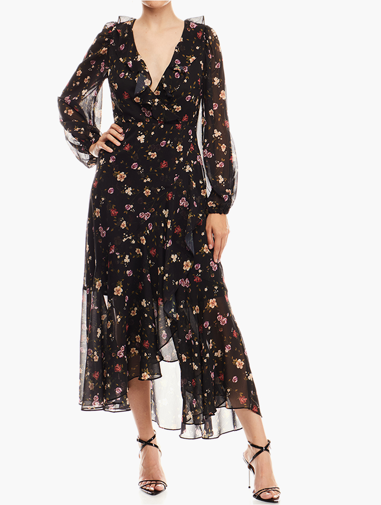 MyRunway Shop GUESS Black Multi Mesh Overlay Plunge Midi Dress for